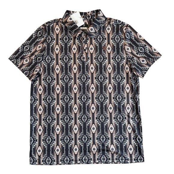 NEW Rock & Roll Denim Southwestern Print Black Brown Polo Shirt – Size Large - Picture 1 of 5